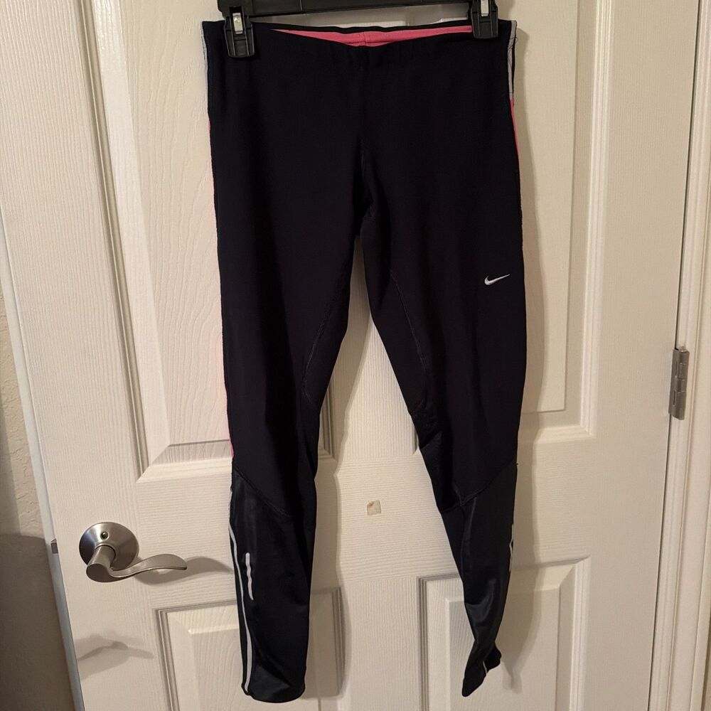 NIKE Womens Running Dri-Fit Leggings Pants Back pocket Reflect sz M Black Pink